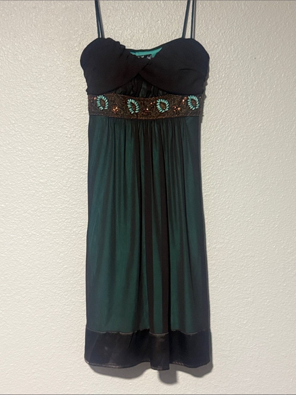 Turquoise and Brown Y2K Embellished Midi Cocktail Dress